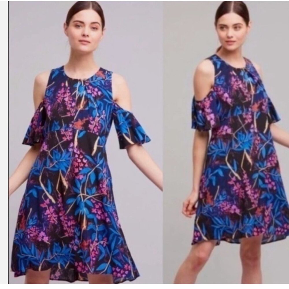Anthropologie Maeve Elia Blue Pink Midi Floral Dress Size 10 Cold Shoulder